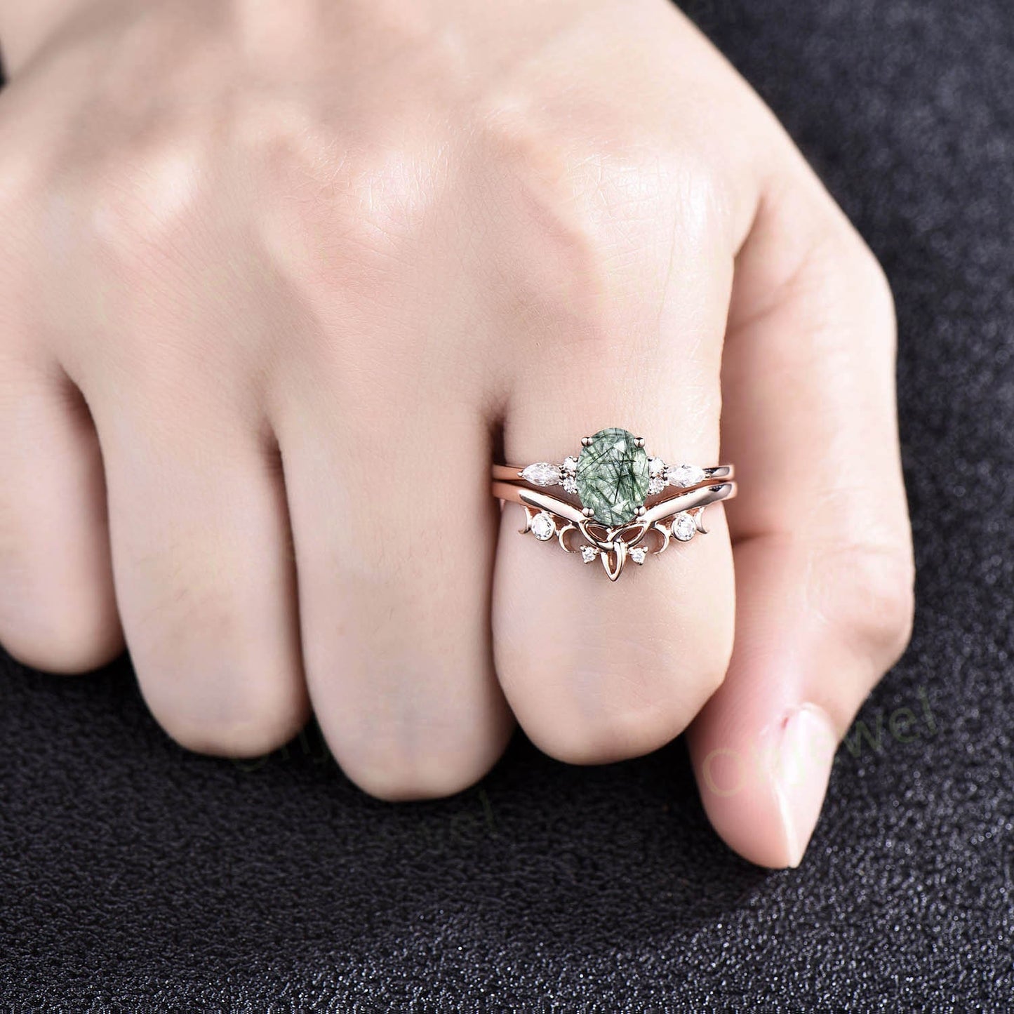 Unique wedding ring set oval cut green Rutilated Quartz engagement ring set women marquise diamond ring 14k rose gold promise ring gifts