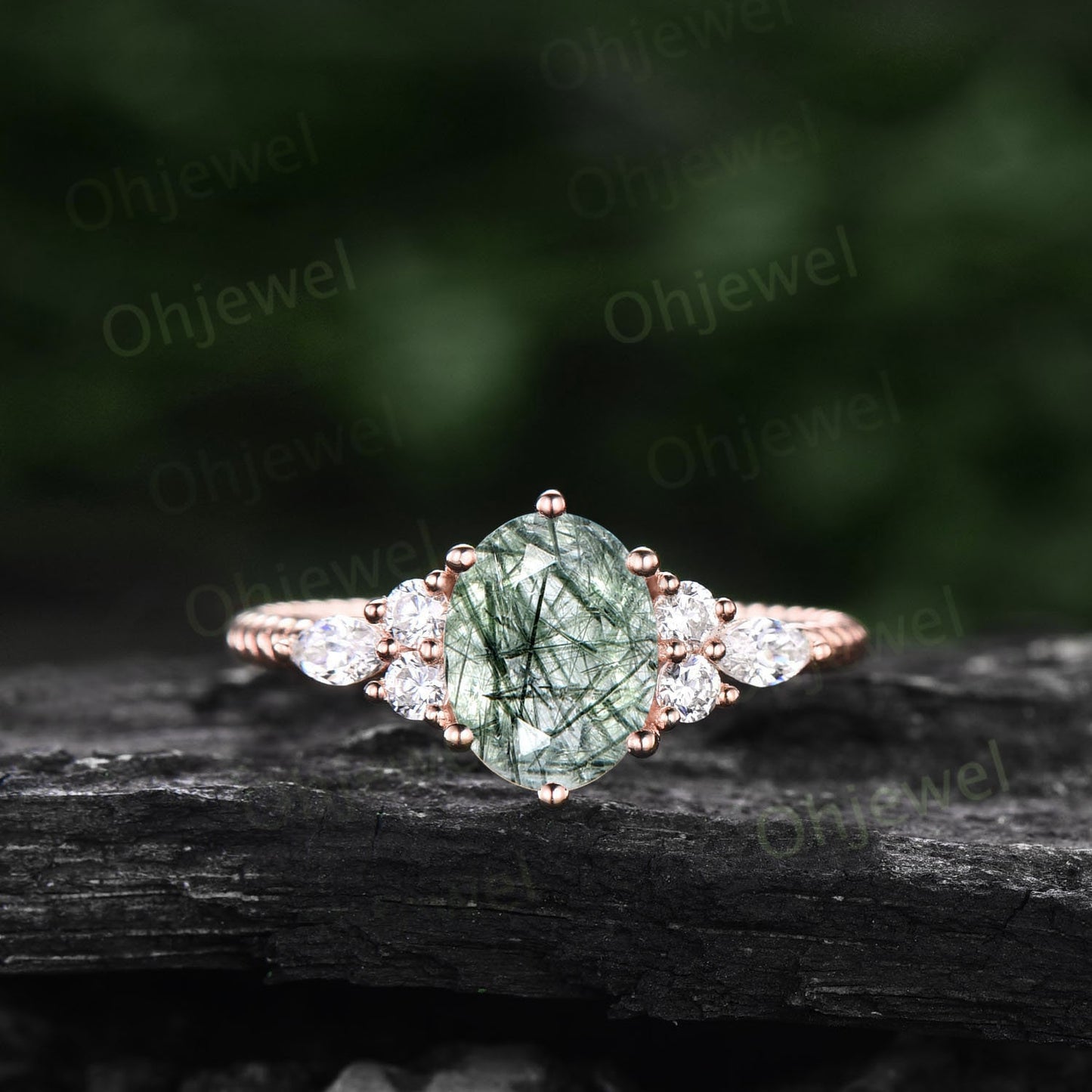 Vintage oval cut green rutilated quartz ring engagement ring art deco moissanite ring women solid 14k rose gold wedding promise ring gift