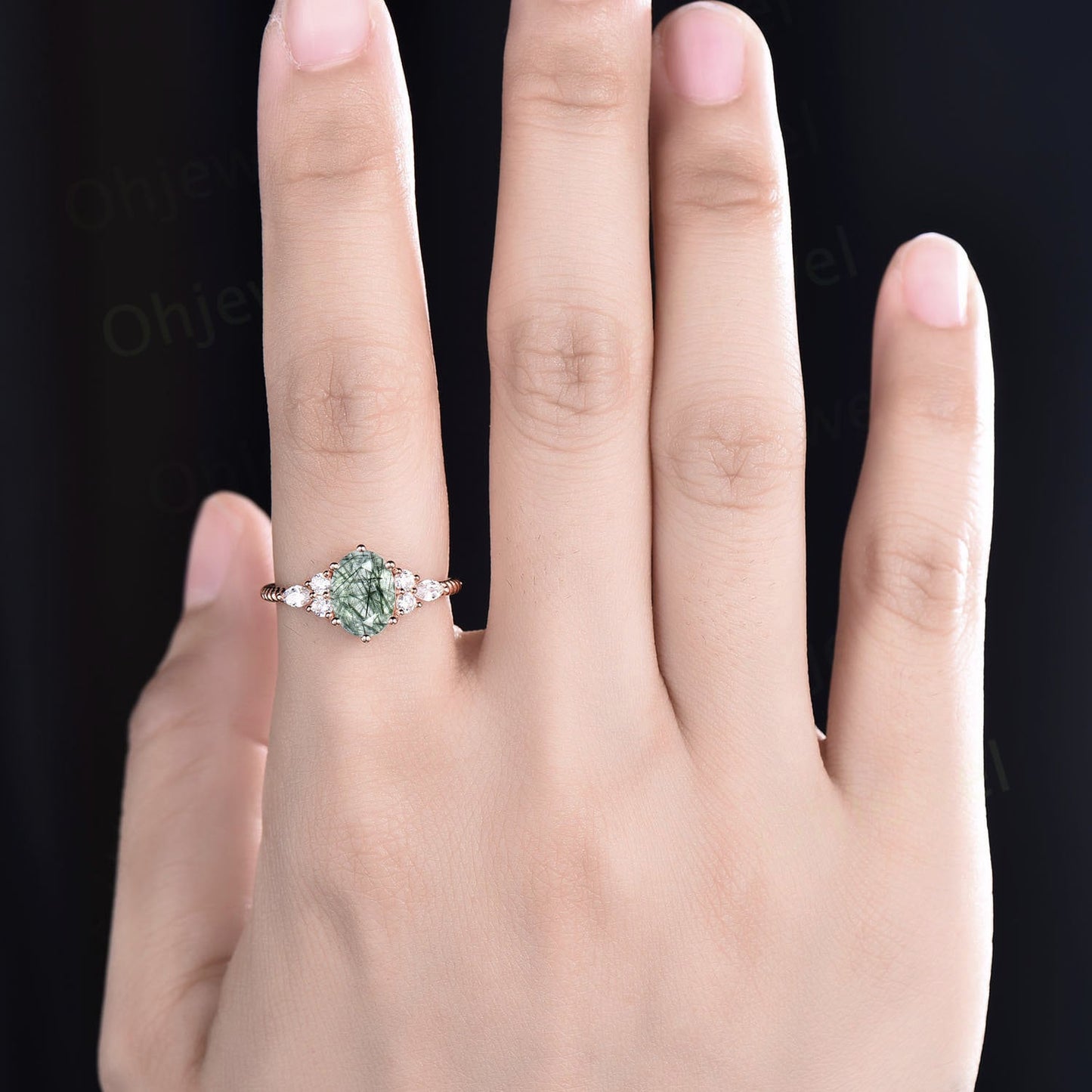 Vintage oval cut green rutilated quartz ring engagement ring art deco moissanite ring women solid 14k rose gold wedding promise ring gift