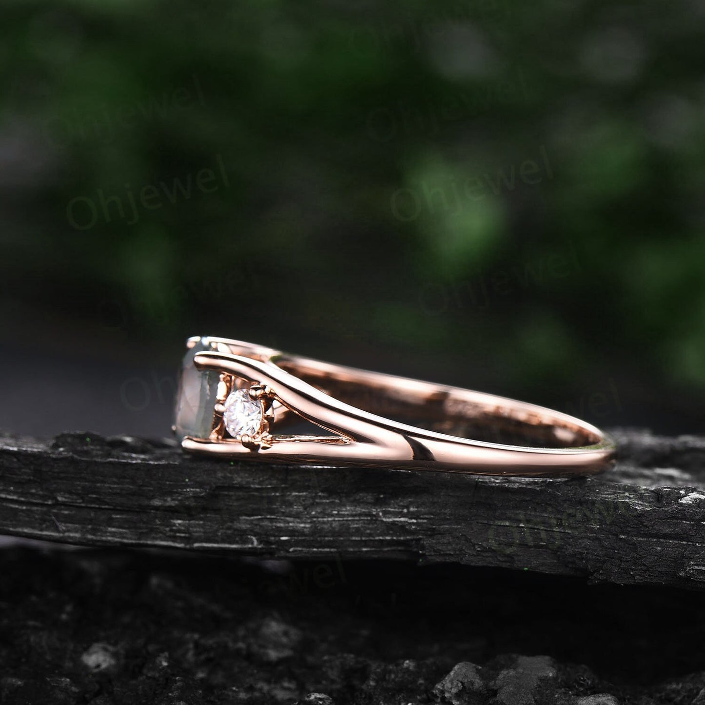 2ct Round cut moss agate ring three stone engagement ring rose gold split shank moissanite ring women promise anniversary wedding ring gifts