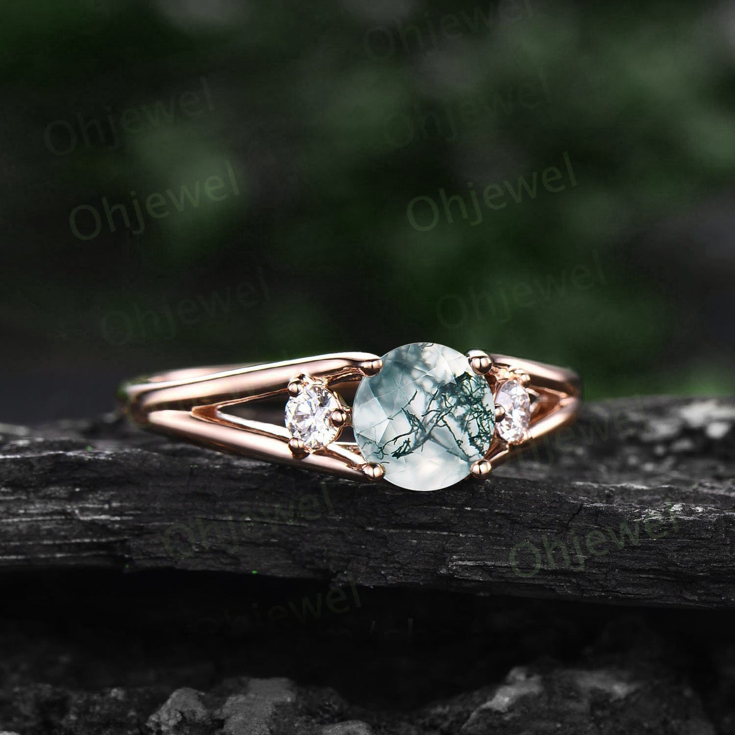 2ct Round cut moss agate ring three stone engagement ring rose gold split shank moissanite ring women promise anniversary wedding ring gifts
