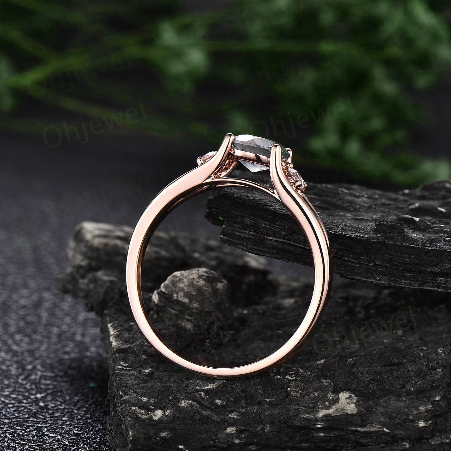 Round cut moss agate ring three stone engagement ring 14k rose gold split shank moissanite ring women promise anniversary wedding ring gifts