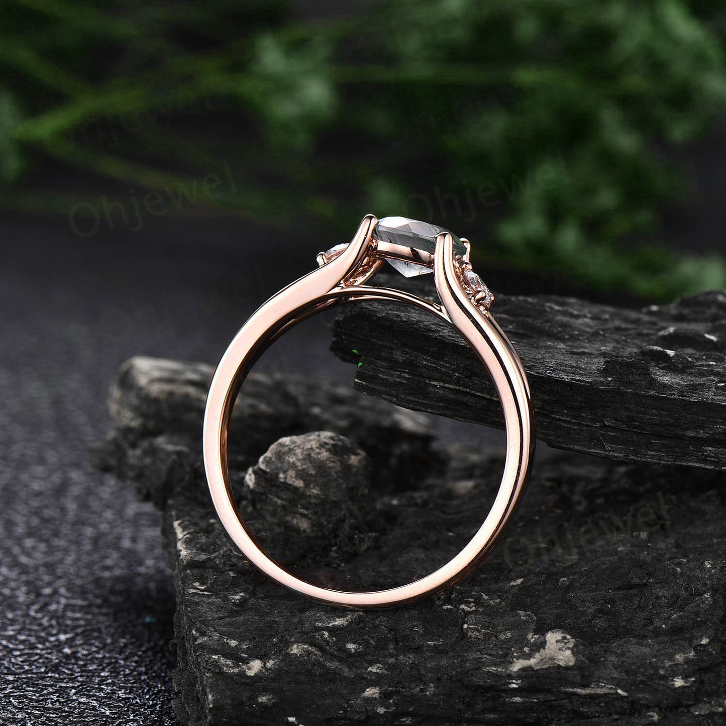 2ct Round cut moss agate ring three stone engagement ring rose gold split shank moissanite ring women promise anniversary wedding ring gifts