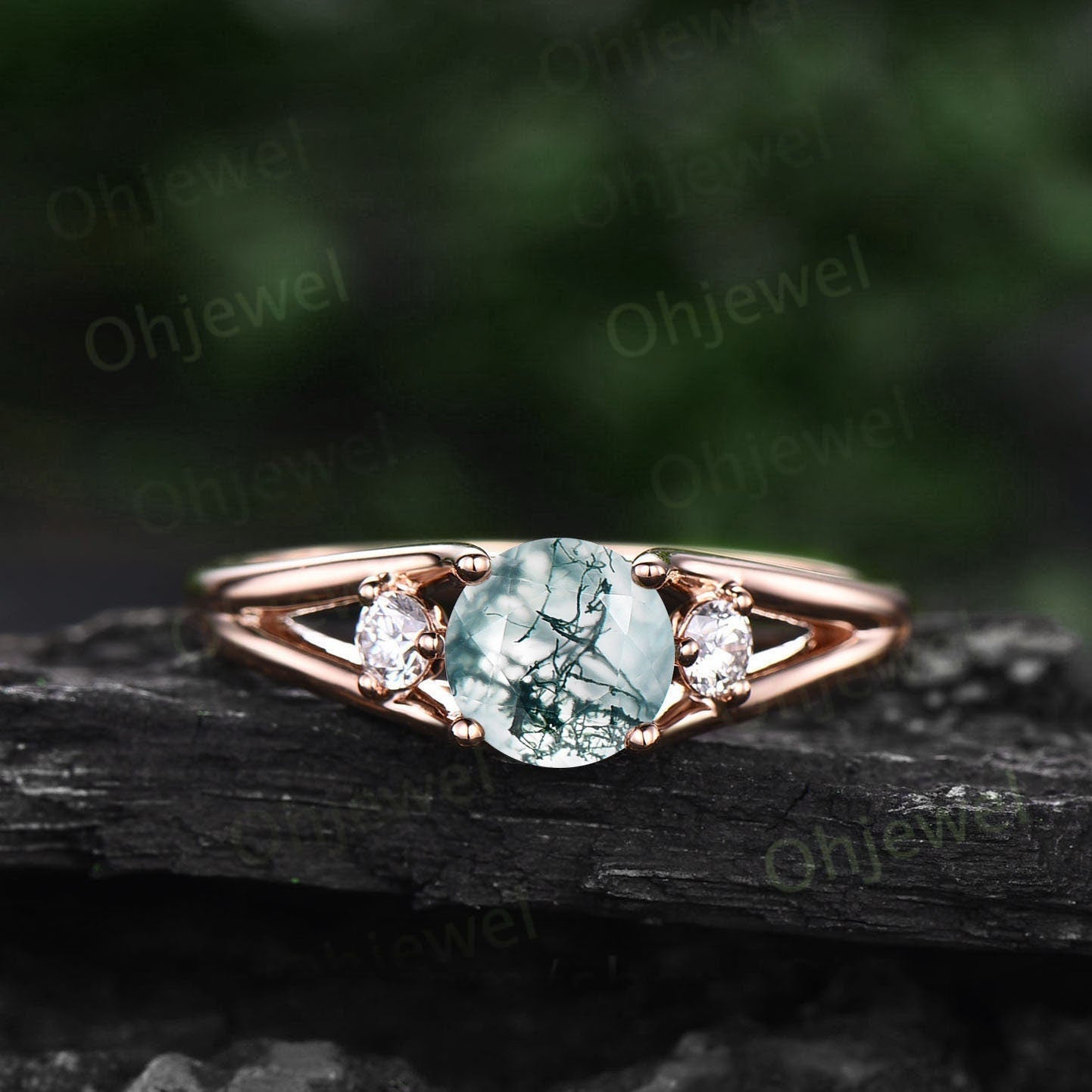 2ct Round cut moss agate ring three stone engagement ring rose gold split shank moissanite ring women promise anniversary wedding ring gifts