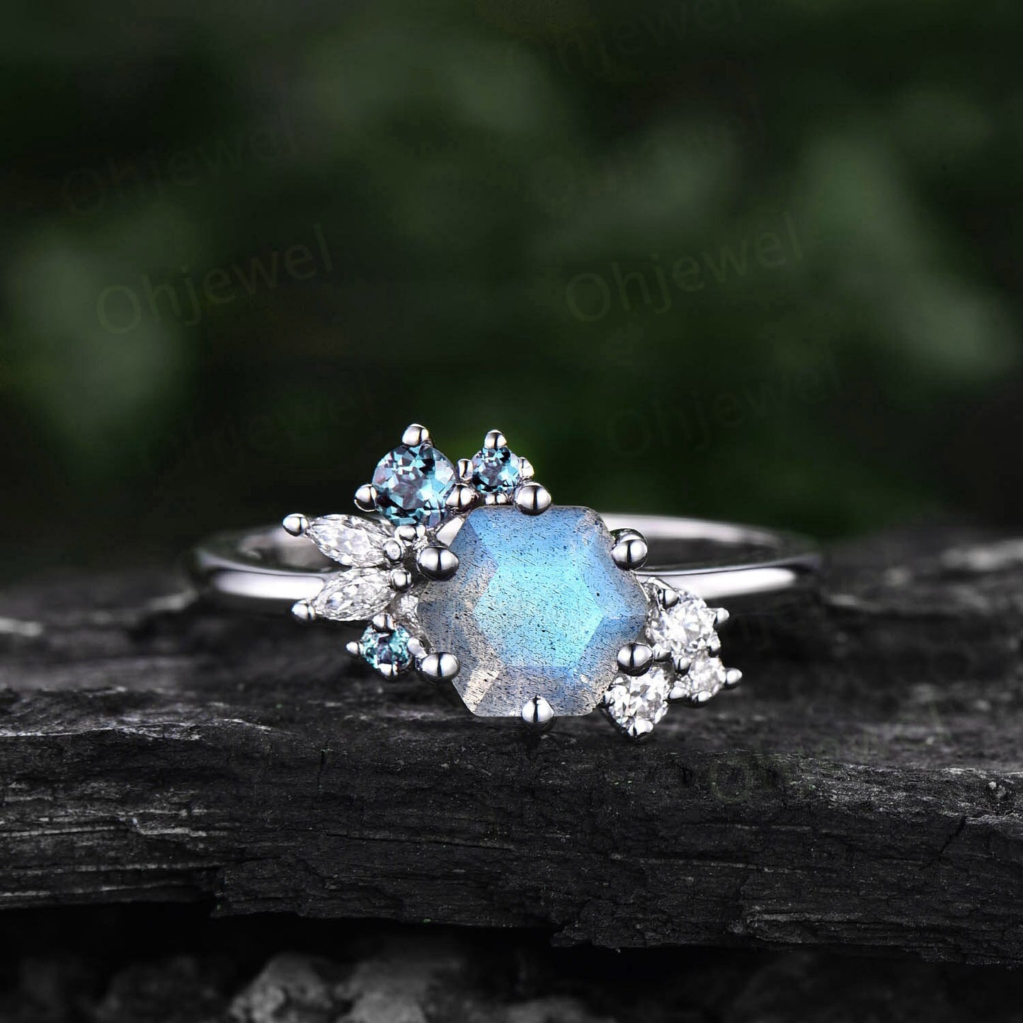Hexagon cut Blue labradorite ring gold silver vintage unique engagement ring cluster Alexandrite ring art deco diamond promise ring women