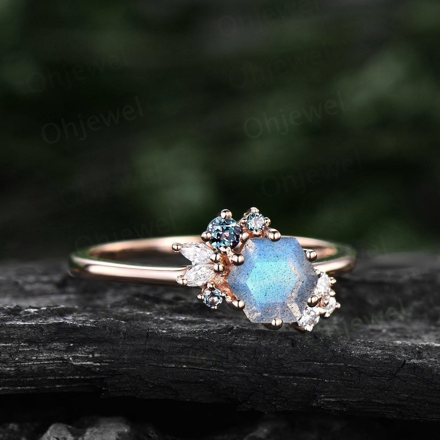 Hexagon cut Blue labradorite ring gold silver vintage unique engagement ring cluster Alexandrite ring art deco diamond promise ring women