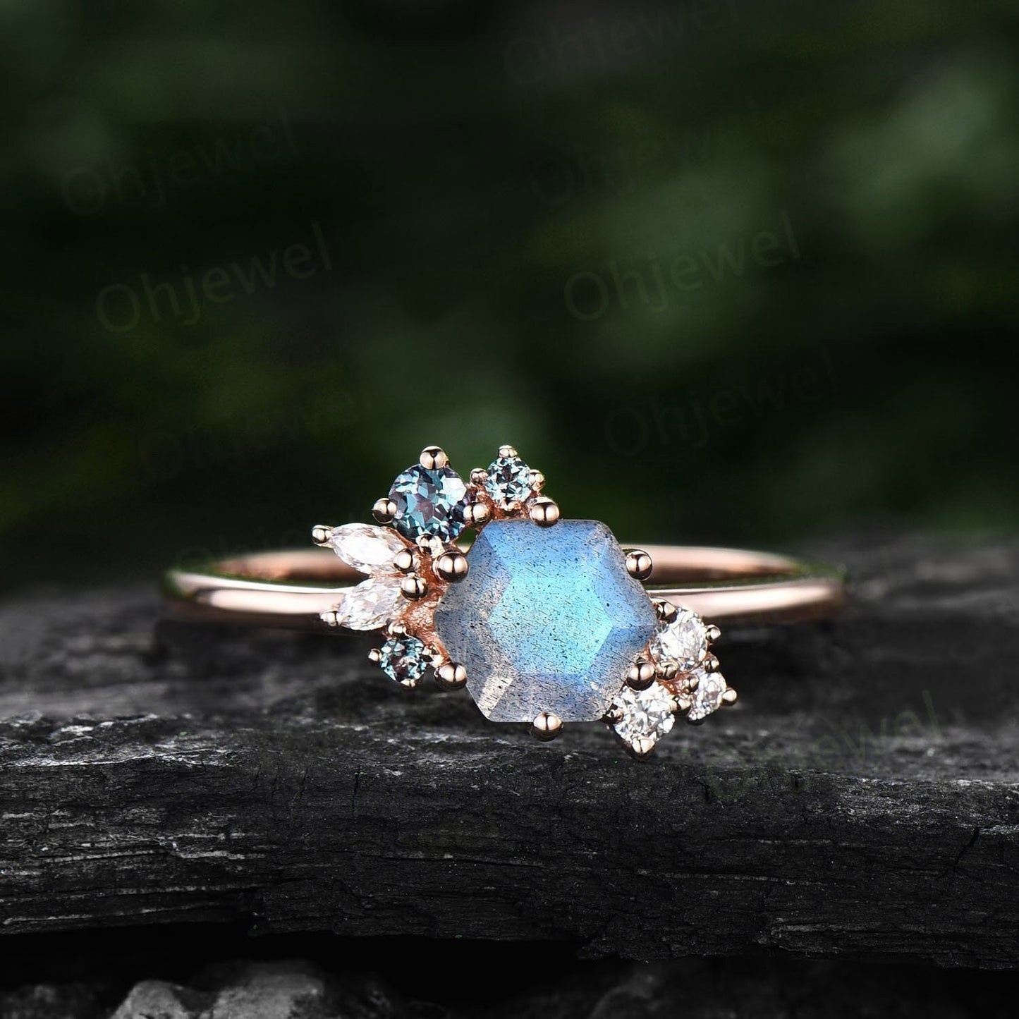 Hexagon cut Blue labradorite ring gold silver vintage unique engagement ring cluster Alexandrite ring art deco diamond promise ring women