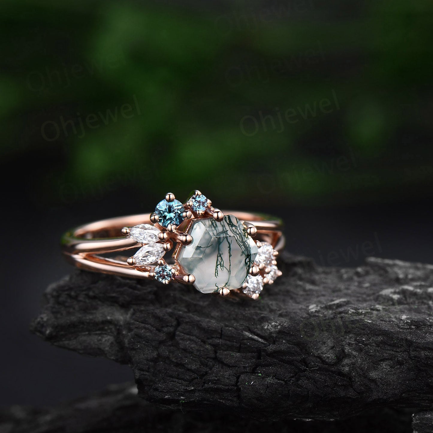 2ct Hexagon cut moss agate engagement ring 14k rose gold cluster alexandrite ring 6 prong split shank diamond promise wedding ring women