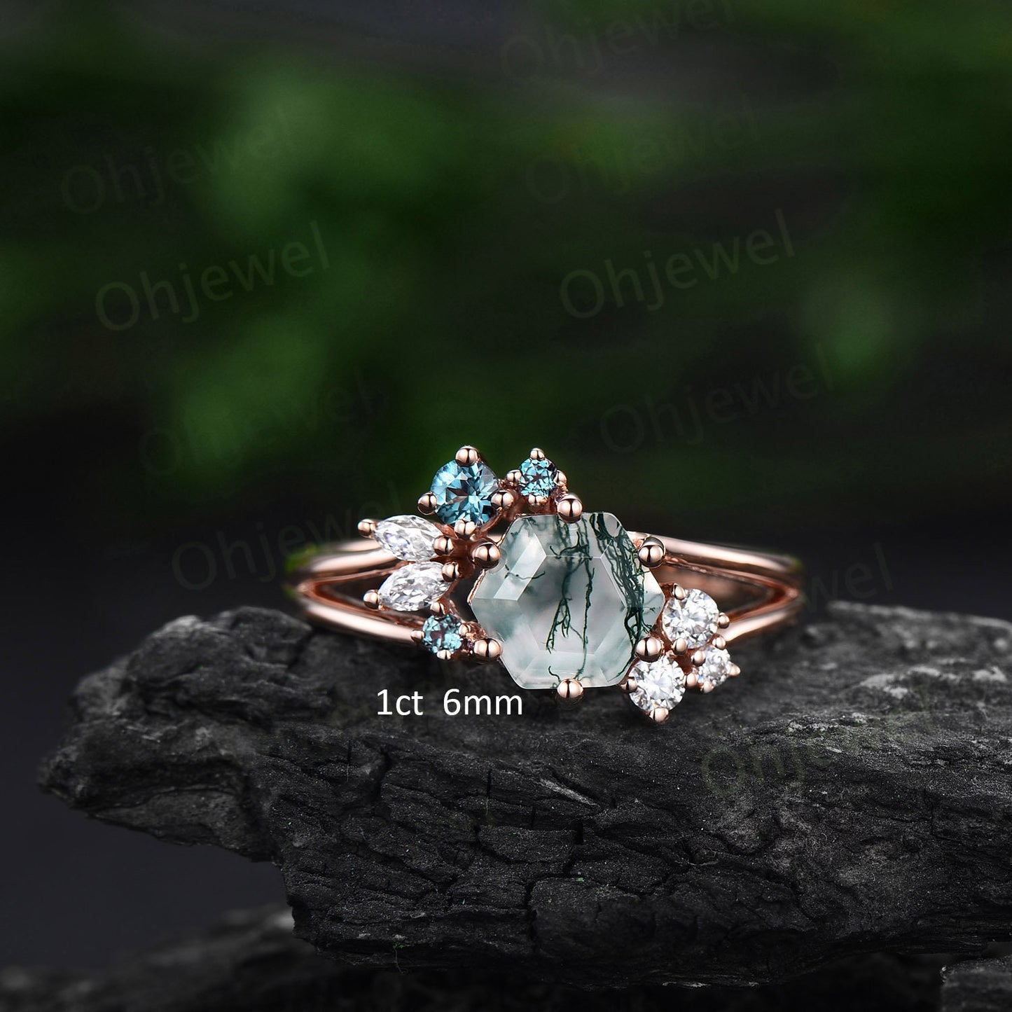 2ct Hexagon cut moss agate engagement ring 14k rose gold cluster alexandrite ring 6 prong split shank diamond promise wedding ring women