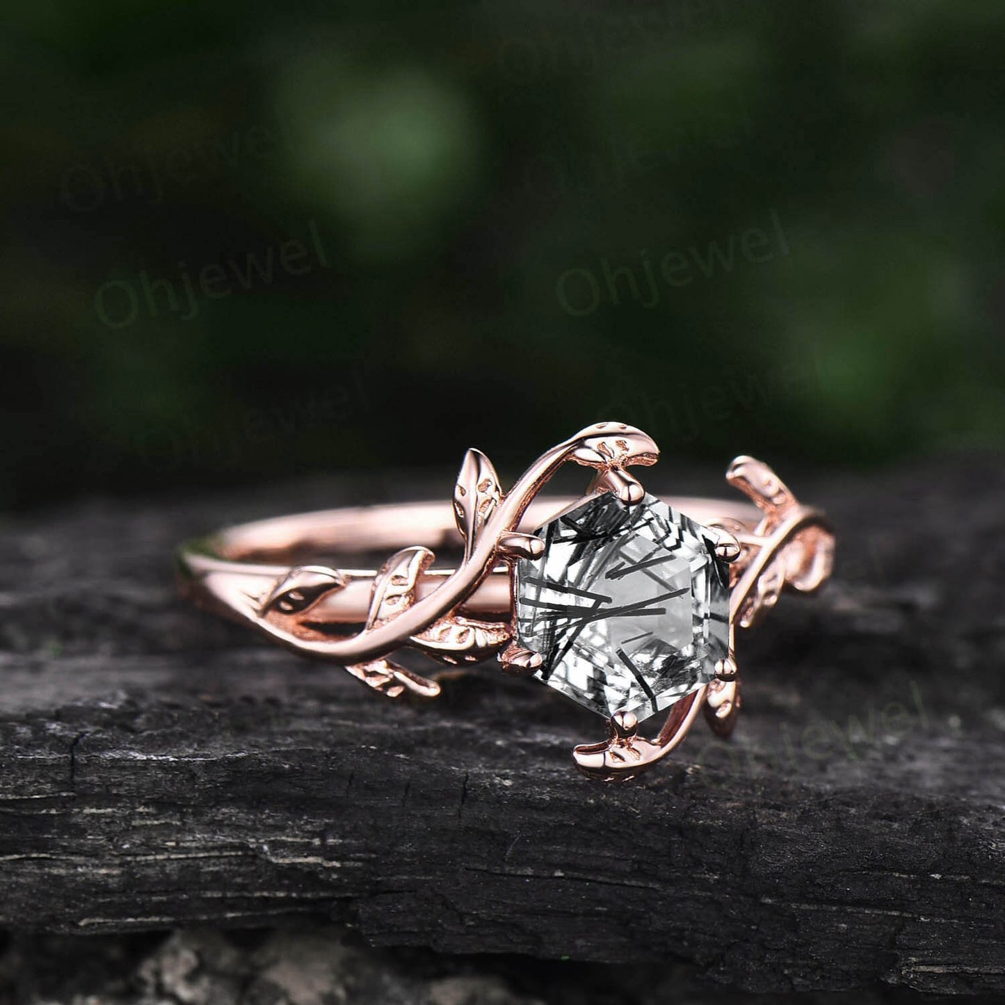 Vintage Hexagon cut black rutilated quartz engagement ring rose gold leaf flower nature inspired solitaire anniversary wedding ring women