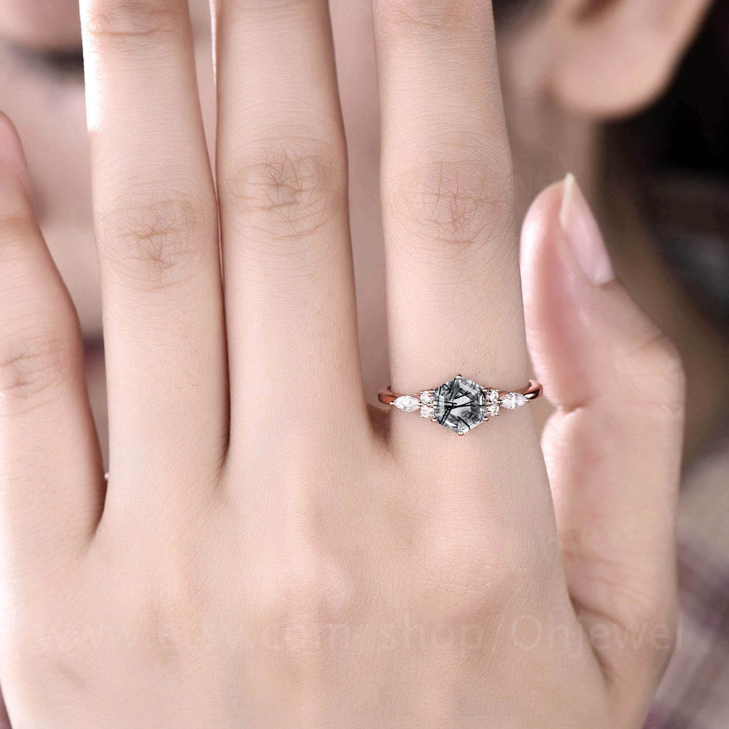 Hexagon cut black rutilated quartz engagement ring vintage art deco moissanite ring rose gold 6 prong anniversary promise ring women gifts