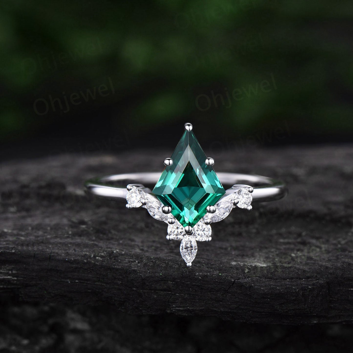 7x10mm kite cut green emerald engagement ring rose gold 6 prong unique diamond anniversary promise wedding ring women May birthstoner ring