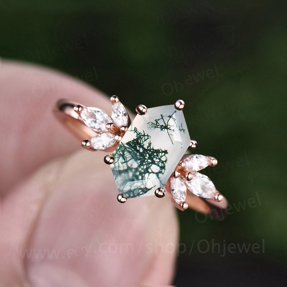 6 prong long hexagon cut green moss agate engagement ring 14k rose gold marquise diamond ring vintage unique wedding anniversary ring women