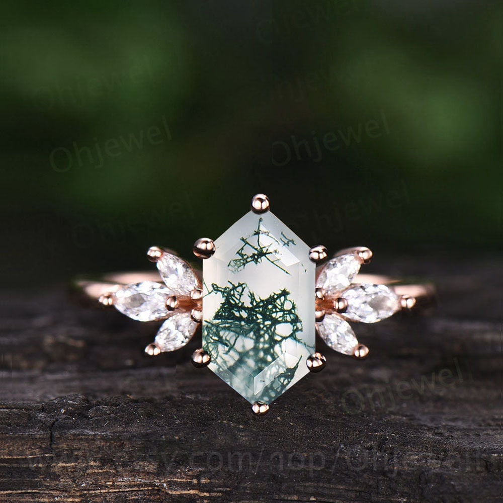 6 prong long hexagon cut green moss agate engagement ring 14k rose gold marquise diamond ring vintage unique wedding anniversary ring women
