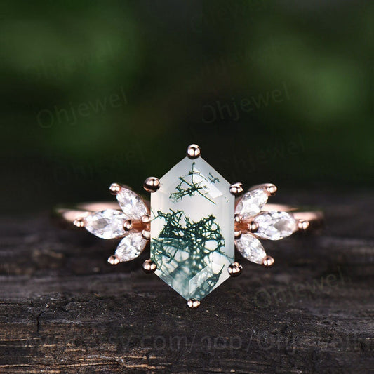 6 prong long hexagon cut green moss agate engagement ring 14k rose gold marquise diamond ring vintage unique wedding anniversary ring women