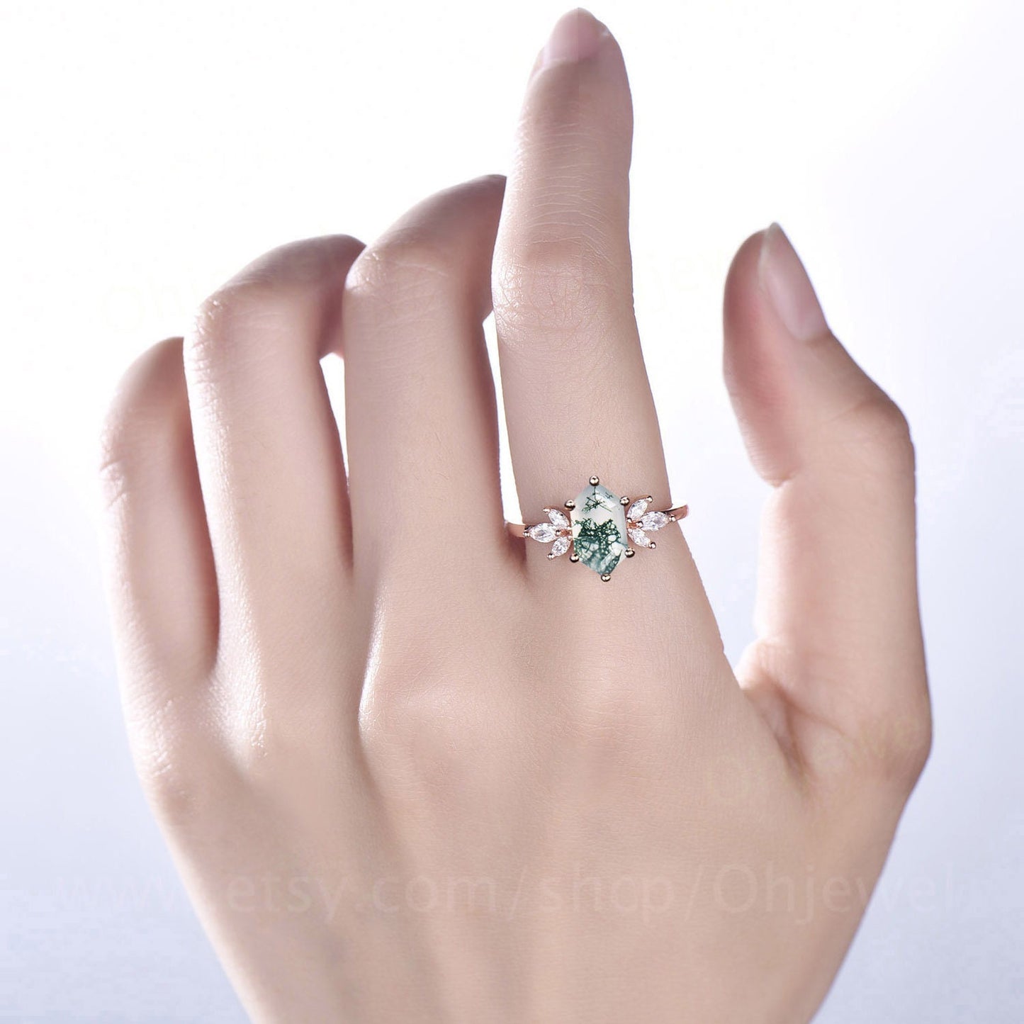 6 prong long hexagon cut green moss agate engagement ring 14k rose gold marquise diamond ring vintage unique wedding anniversary ring women
