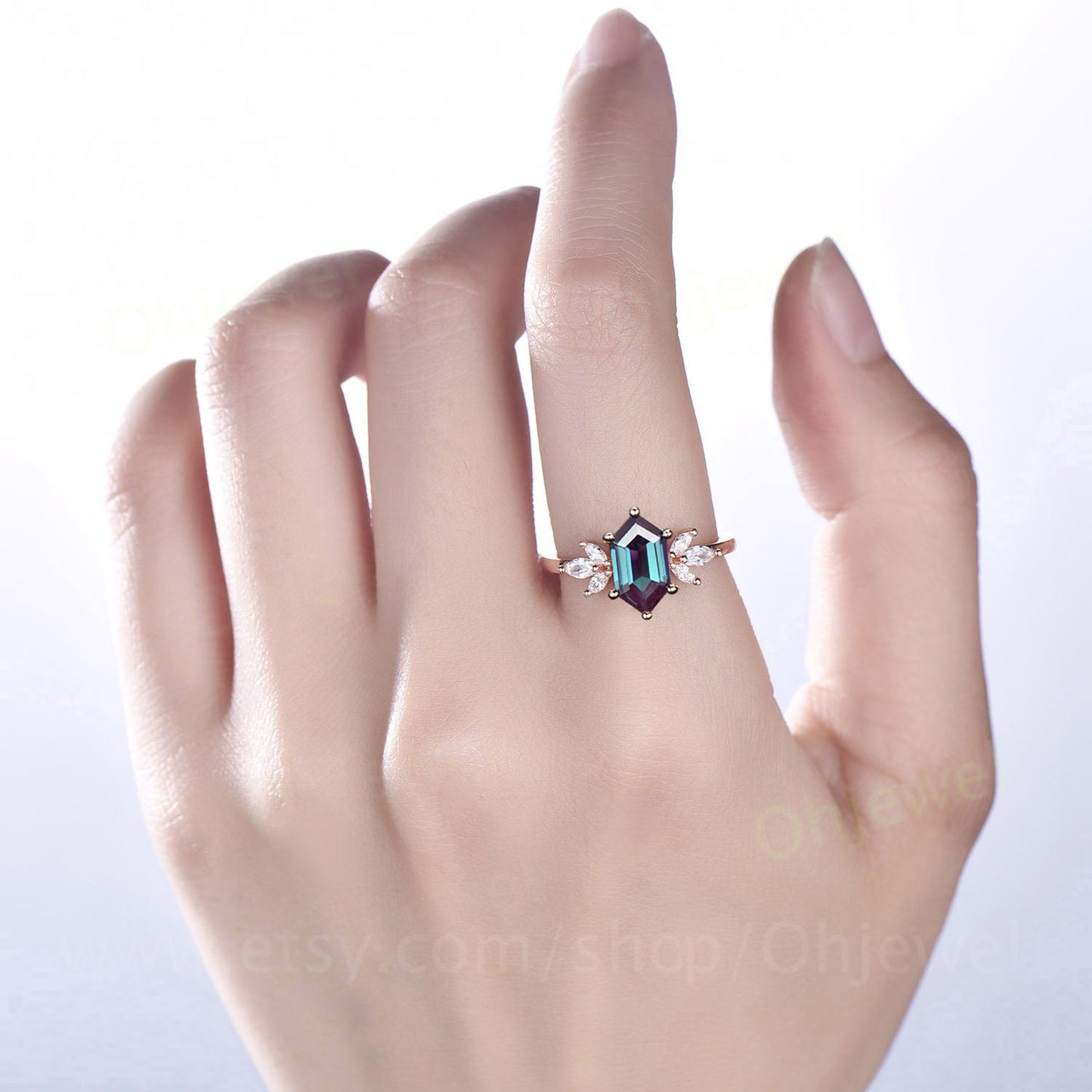 Alexandrite anniversary promise ring long hexagon cut Alexandrite engagement ring 14k rose gold silver art deco diamond ring for women gift