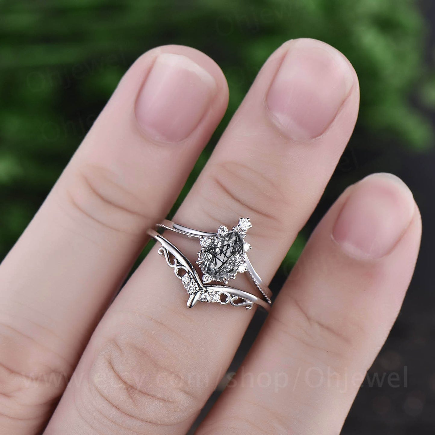 Black rutilated quartz engagement ring set pear rutilated quartz ring Milgrain vintage unique white gold moissanite ring Anniversary gifts