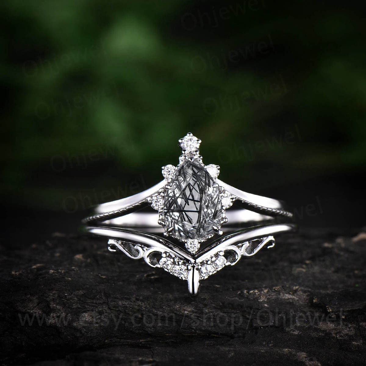 Black rutilated quartz engagement ring set pear rutilated quartz ring Milgrain vintage unique white gold moissanite ring Anniversary gifts