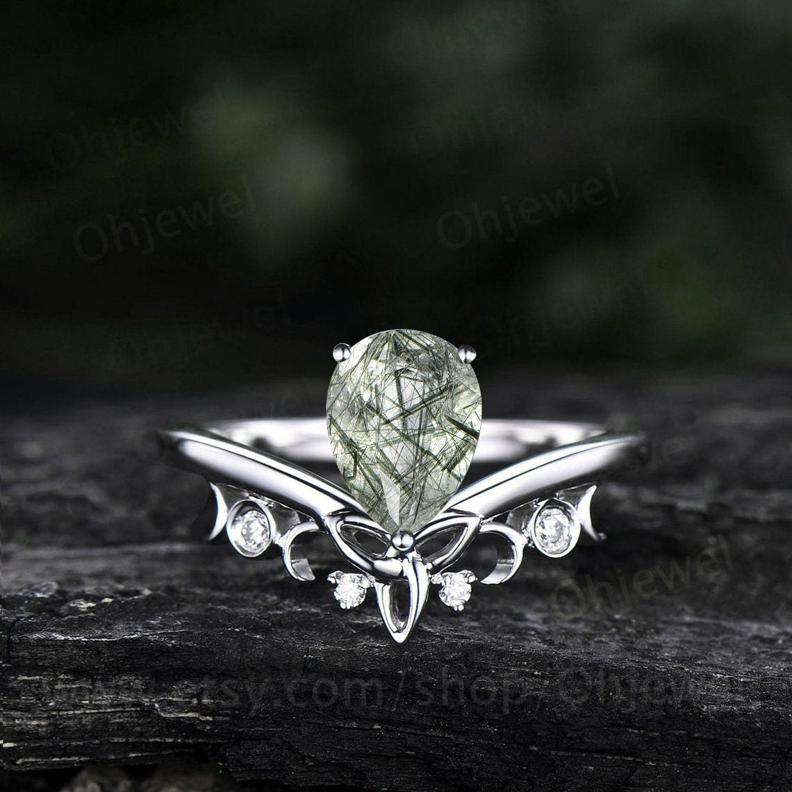Pear shaped green Rutilated Quartz ring unique engagement ring fiver stone norse viking ring jewelry rose gold silver diamond ring women