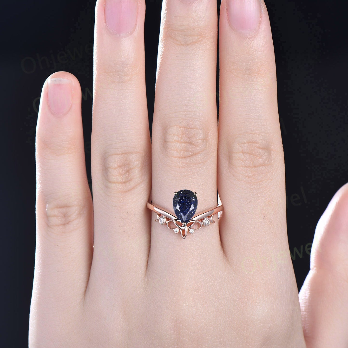 Pear shaped blue sandstone ring blue goldstone ring unique engagement ring 14k rose gold sterling silver anniversary ring women gifts