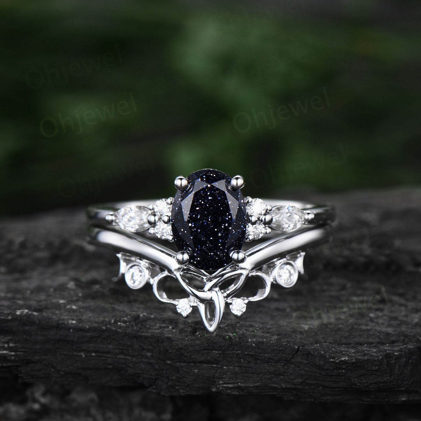 Oval blue sandstone engagement ring set 14k white gold Galaxy vintage unique engagement ring moissanite ring for women Norse Viking Jewelry