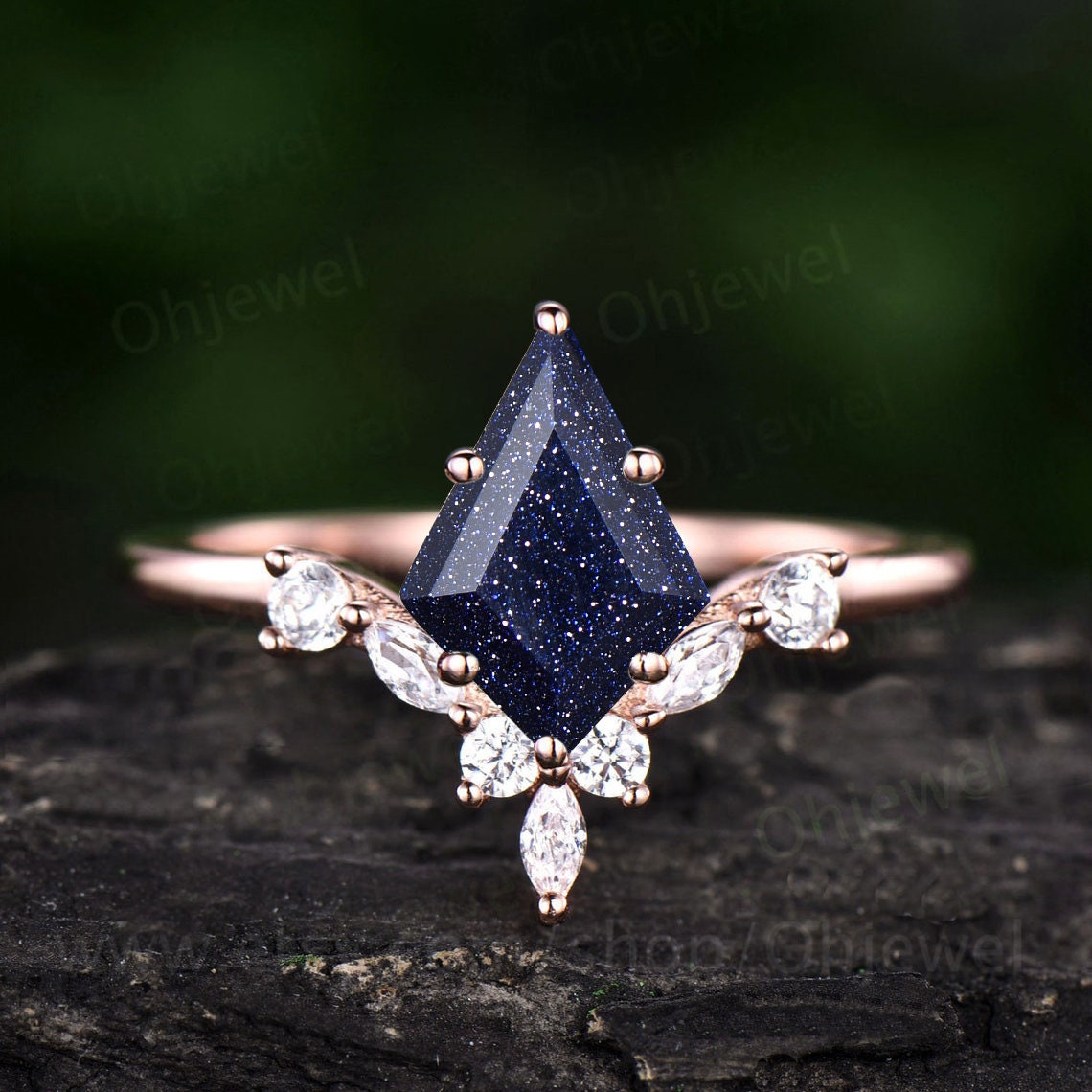 6 prong kite cut blue sandstone ring goldstone ring engagement ring 14k white gold silver art deco moissanite ring women promise anniversary