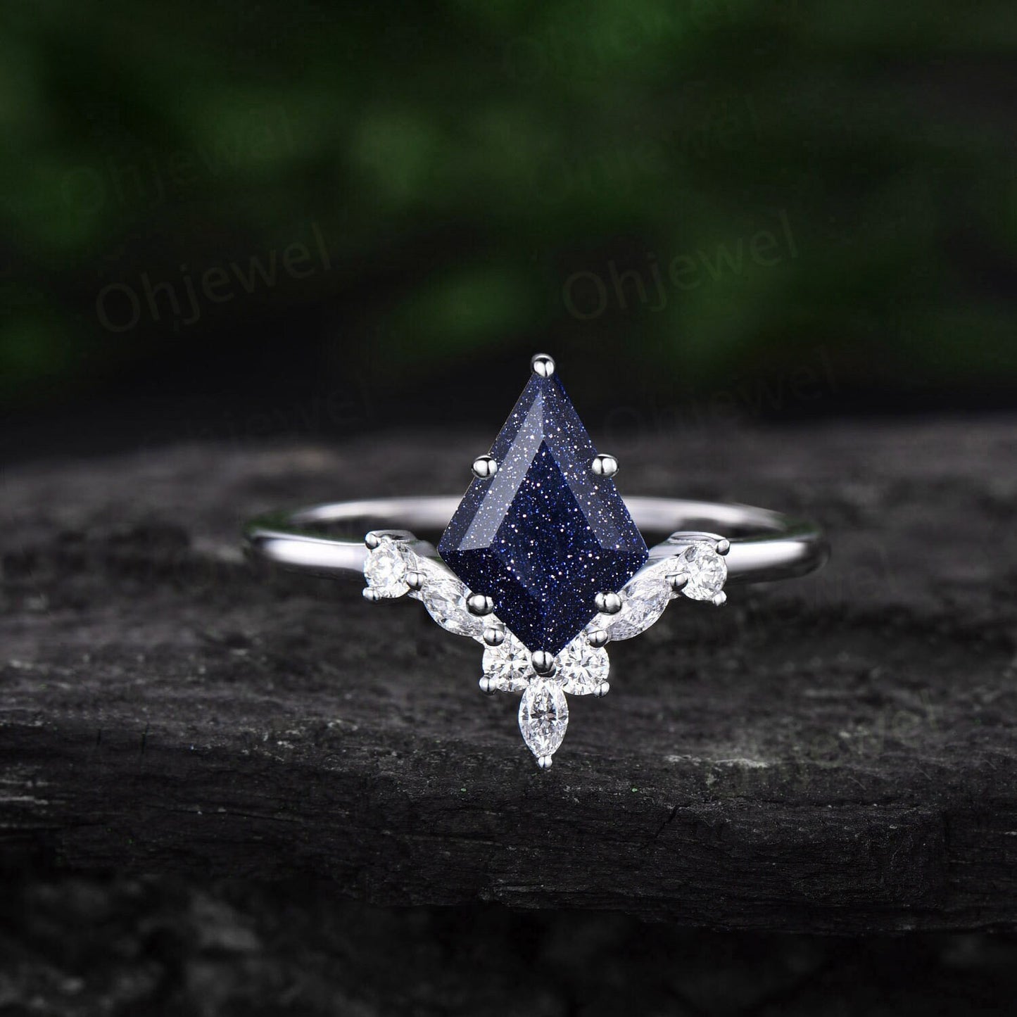 6 prong kite cut blue sandstone ring goldstone ring engagement ring 14k white gold silver art deco moissanite ring women promise anniversary