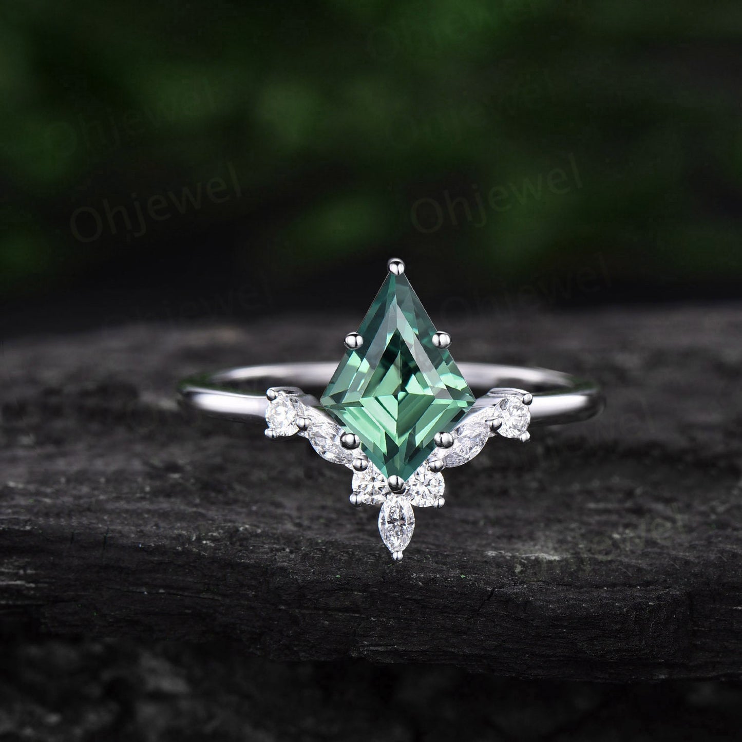 7x10mm kite cut teal green sapphire engagement ring set 14k rose gold 6 prong marquise cut diamond wedding promise anniversary ring women