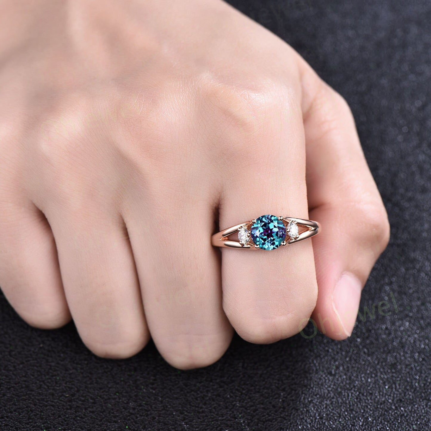 Round cut Alexandrite ring three stone split shank engagement ring vintage moissanite ring 14k rose gold silver June birthstone promise ring