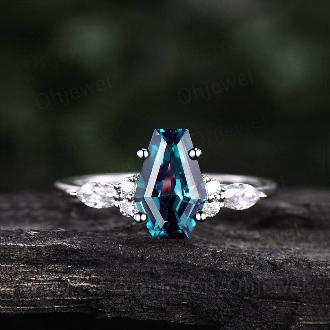 Coffin shaped Alexandrite ring unique engagement ring 14k rose gold silver marquise cut diamond ring anniversary wedding promise ring women