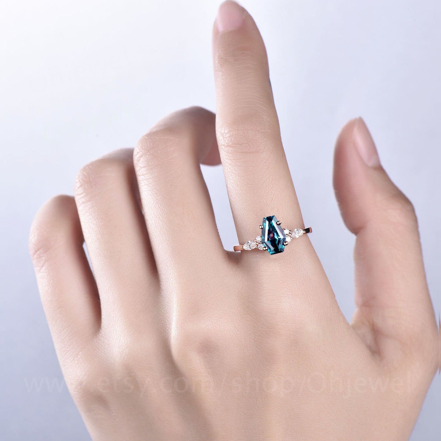 Coffin shaped Alexandrite ring unique engagement ring 14k rose gold silver marquise cut diamond ring anniversary wedding promise ring women