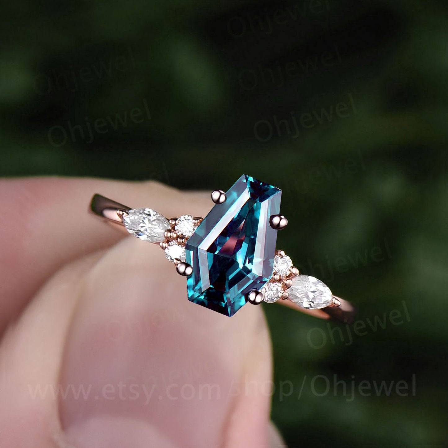 Coffin shaped Alexandrite ring unique engagement ring 14k rose gold silver marquise cut diamond ring anniversary wedding promise ring women