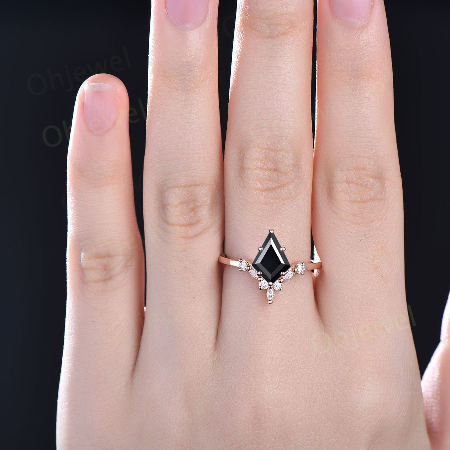 6 prong kite cut black onyx ring unique engagement ring 14k rose gold silver art deco diamond ring women wedding promise anniversary ring