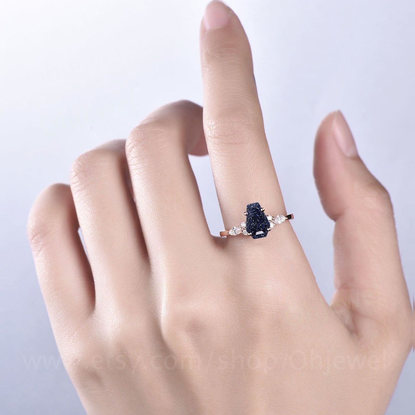 Coffin shaped blue sandstone ring unique engagement ring 14k rose gold silver blue goldstone ring diamond anniversary promise ring women