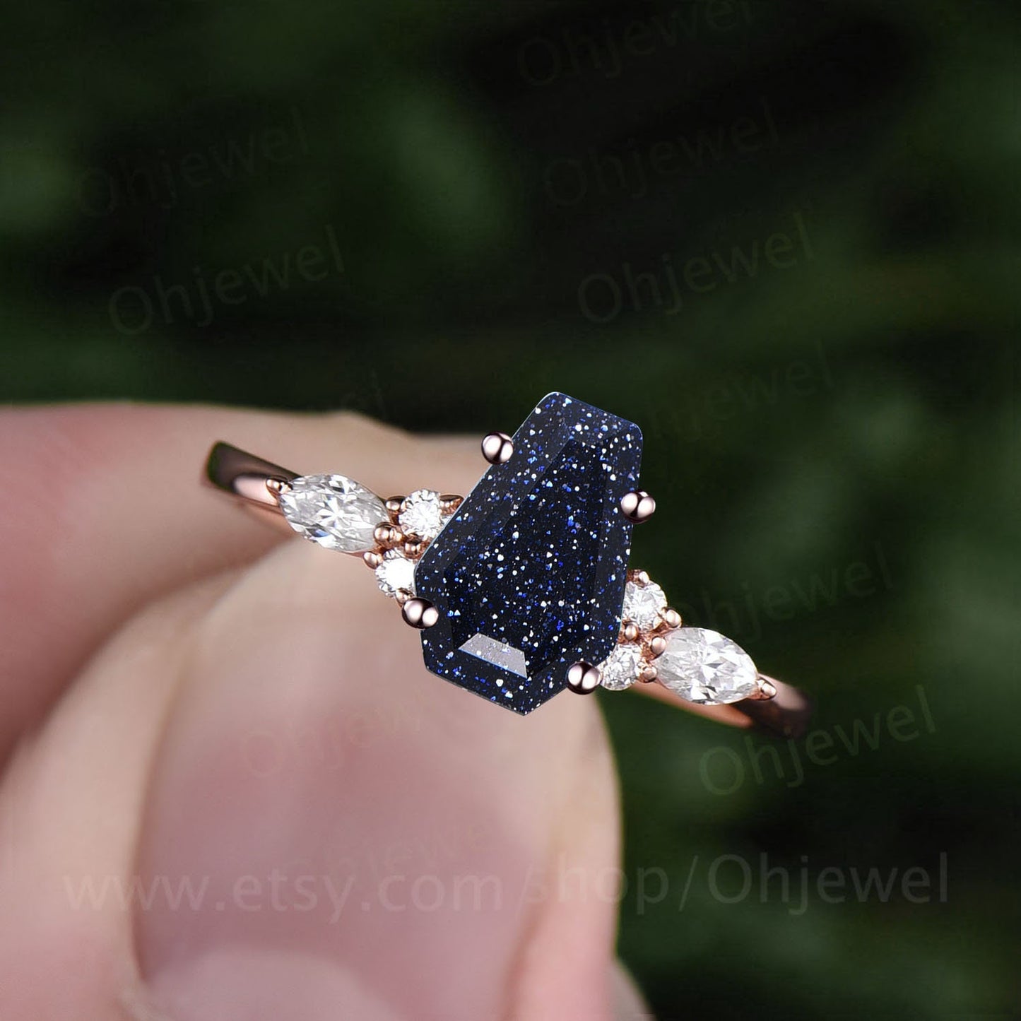 Coffin shaped blue sandstone ring unique engagement ring 14k rose gold silver blue goldstone ring diamond anniversary promise ring women