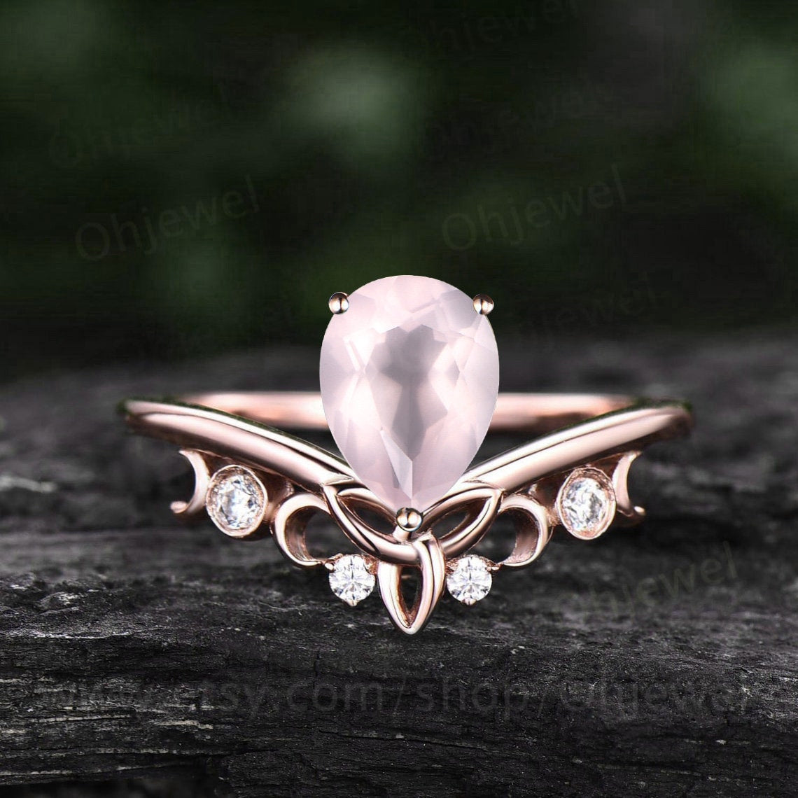 Pear shaped rose quartz ring rose gold unique engagement ring diamond women Personalized alternative moon vintage Norse Viking ring Jewelry