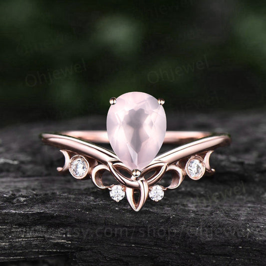 Pear shaped rose quartz ring rose gold unique engagement ring diamond women Personalized alternative moon vintage Norse Viking ring Jewelry