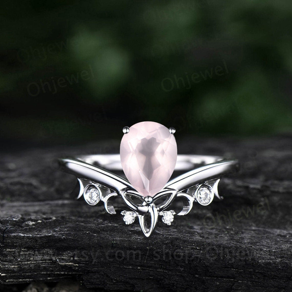 Pear shaped rose quartz ring rose gold unique engagement ring diamond women Personalized alternative moon vintage Norse Viking ring Jewelry