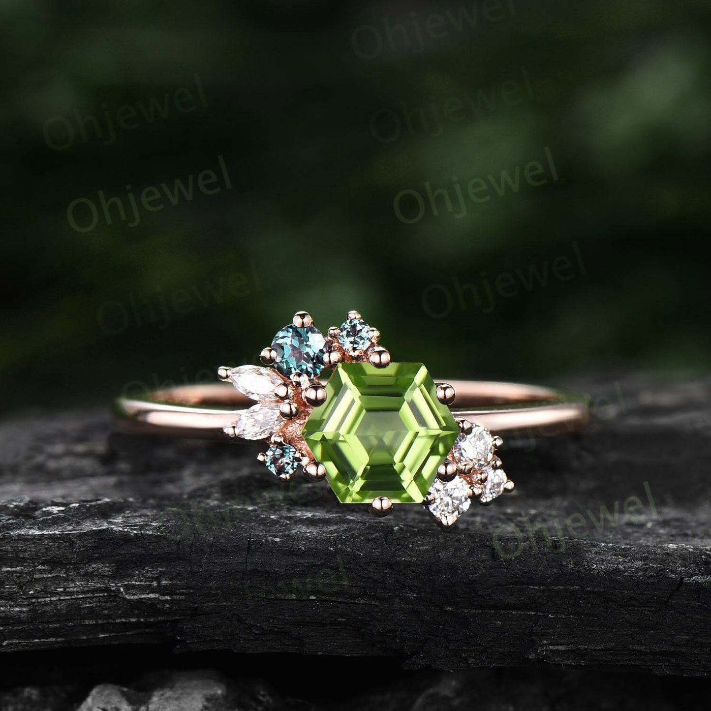 Peridot ring vintage Hexagon cut peridot engagement ring rose gold unique cluster engagement ring women marquise cut diamond promise ring