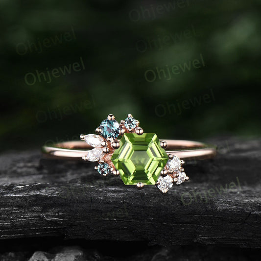 Peridot ring vintage Hexagon cut peridot engagement ring rose gold unique cluster engagement ring women marquise cut diamond promise ring