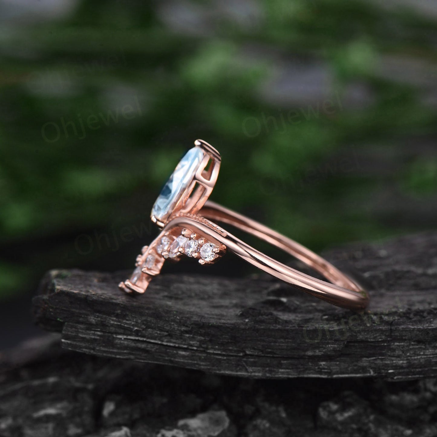 Aquamarine ring vintage pear shaped Aquamarine engagement ring 14k rose gold silver art deco cluster diamond promise wedding ring women gift
