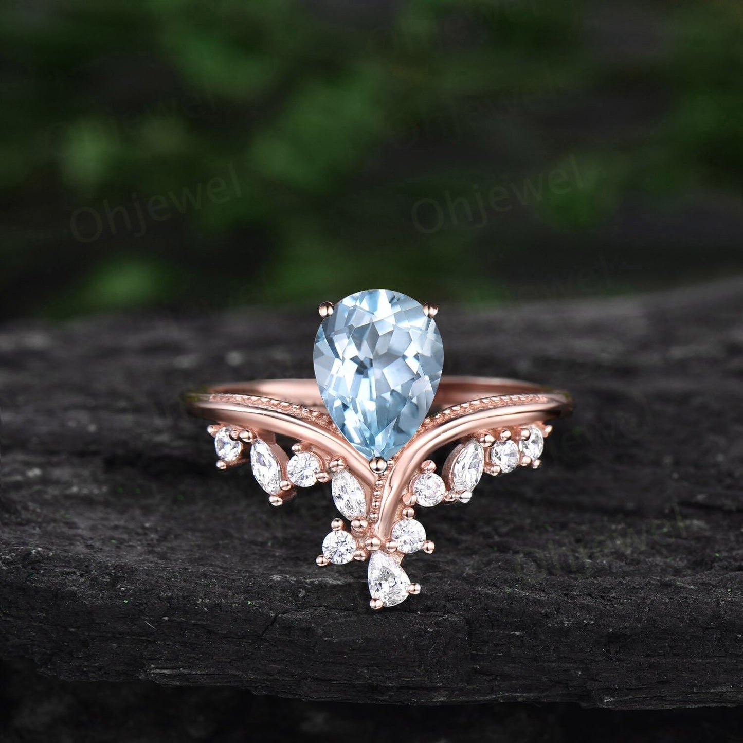 Aquamarine ring vintage pear shaped Aquamarine engagement ring 14k rose gold silver art deco cluster diamond promise wedding ring women gift