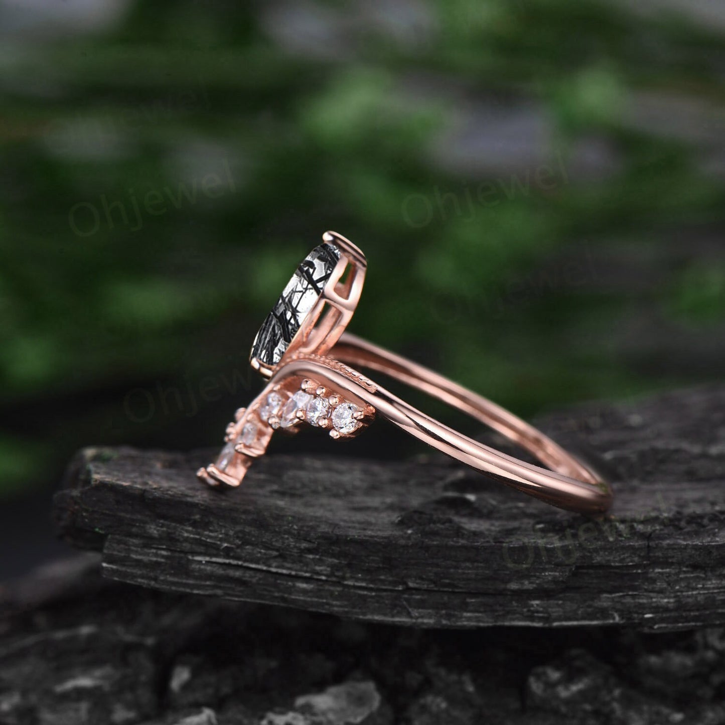vintage pear shaped black rutilated quartz ring cluster unique engagement ring 14k rose gold diamond ring women promise anniversary ring