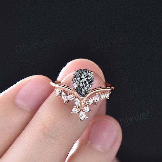 vintage pear shaped black rutilated quartz ring cluster unique engagement ring 14k rose gold diamond ring women promise anniversary ring