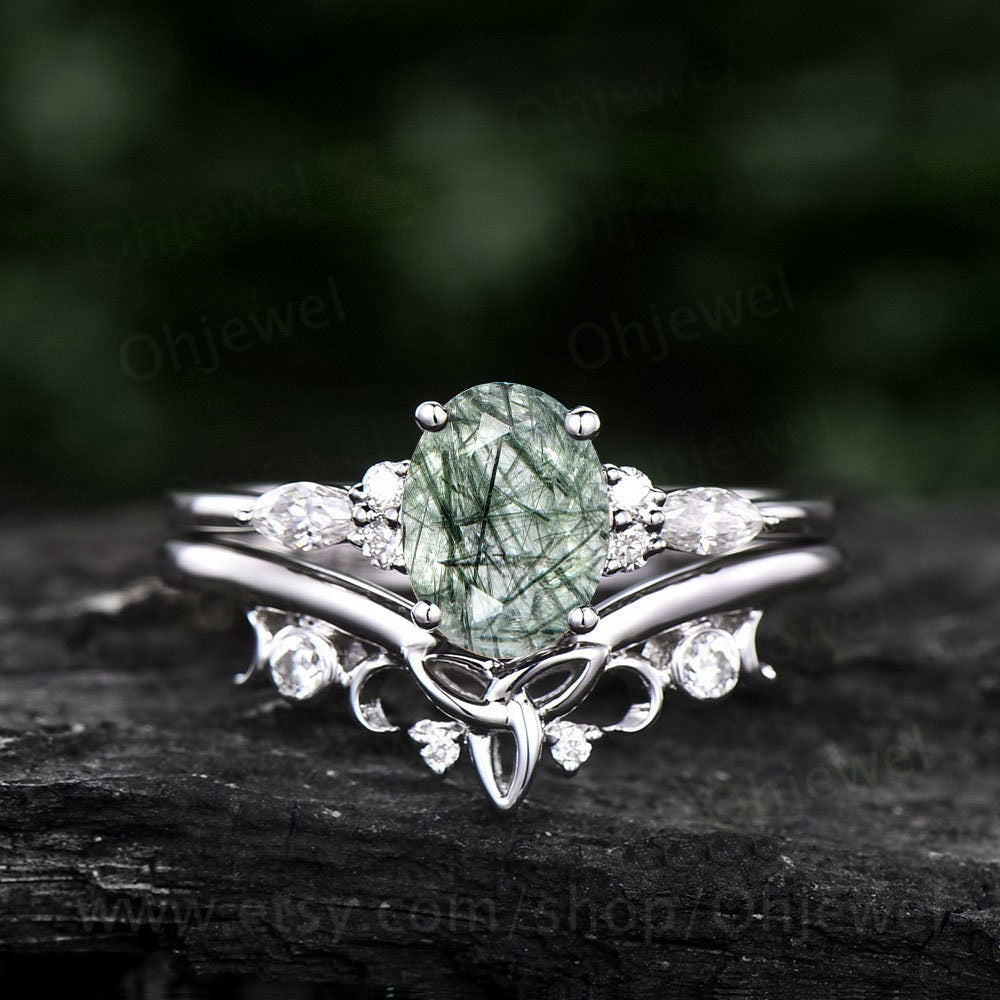 Unique wedding ring set oval cut green Rutilated Quartz engagement ring set women marquise diamond ring 14k rose gold promise ring gifts