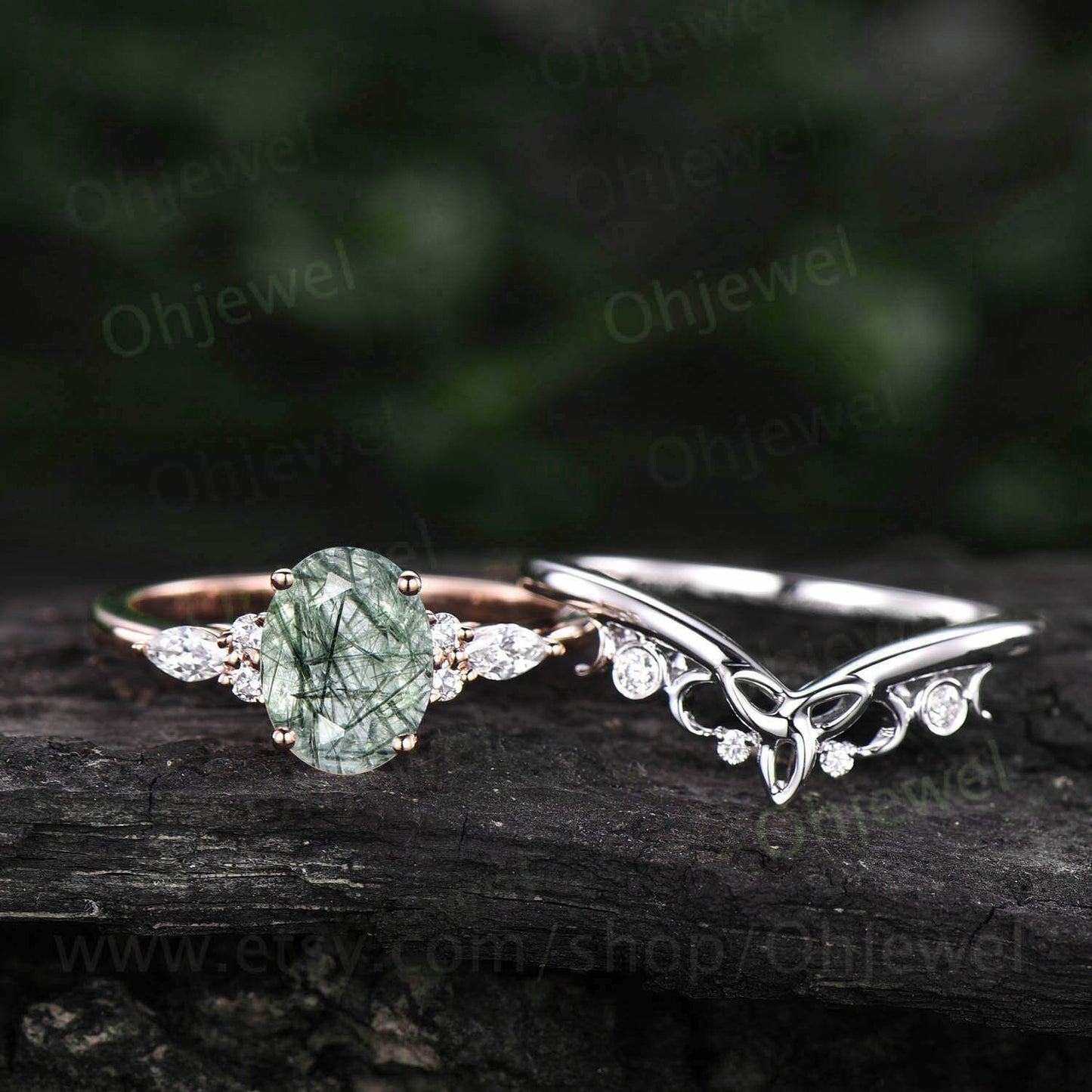Unique wedding ring set oval cut green Rutilated Quartz engagement ring set women marquise diamond ring 14k rose gold promise ring gifts