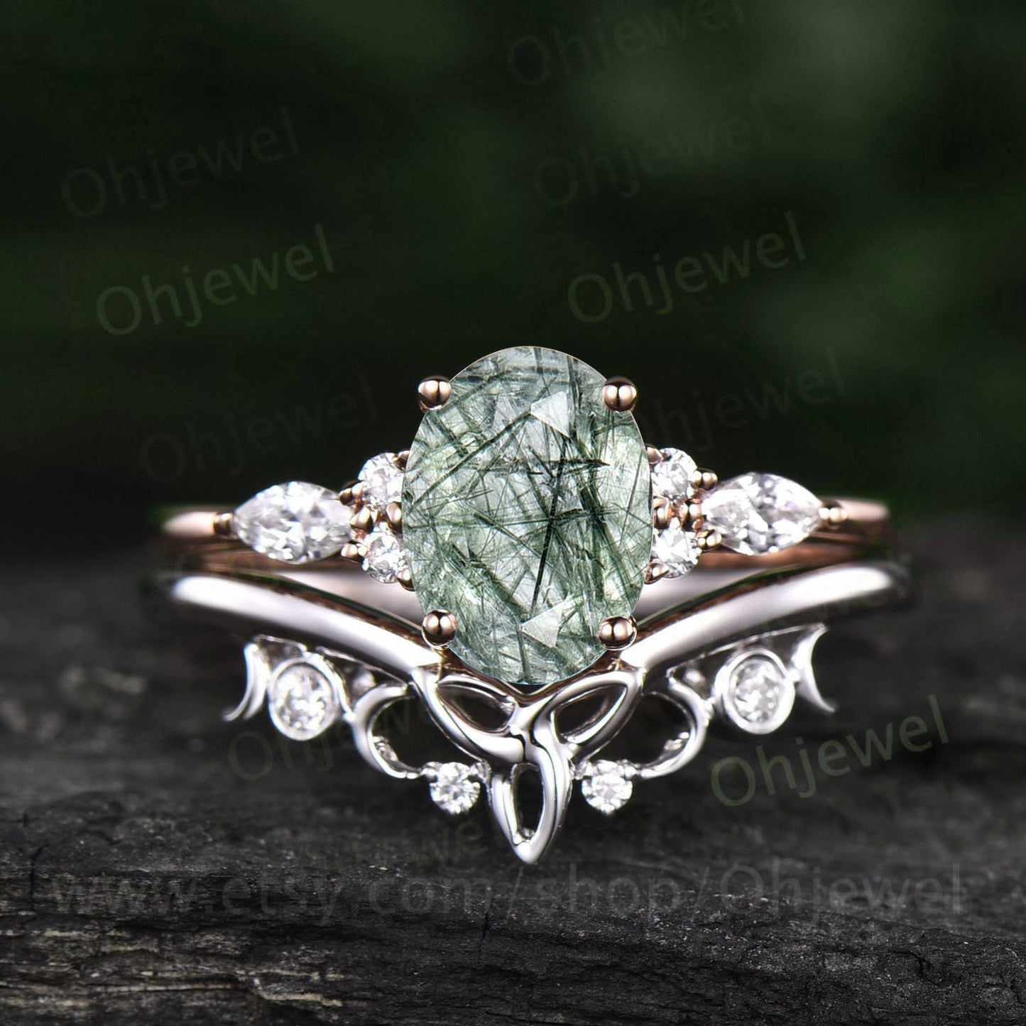 Unique wedding ring set oval cut green Rutilated Quartz engagement ring set women marquise diamond ring 14k rose gold promise ring gifts