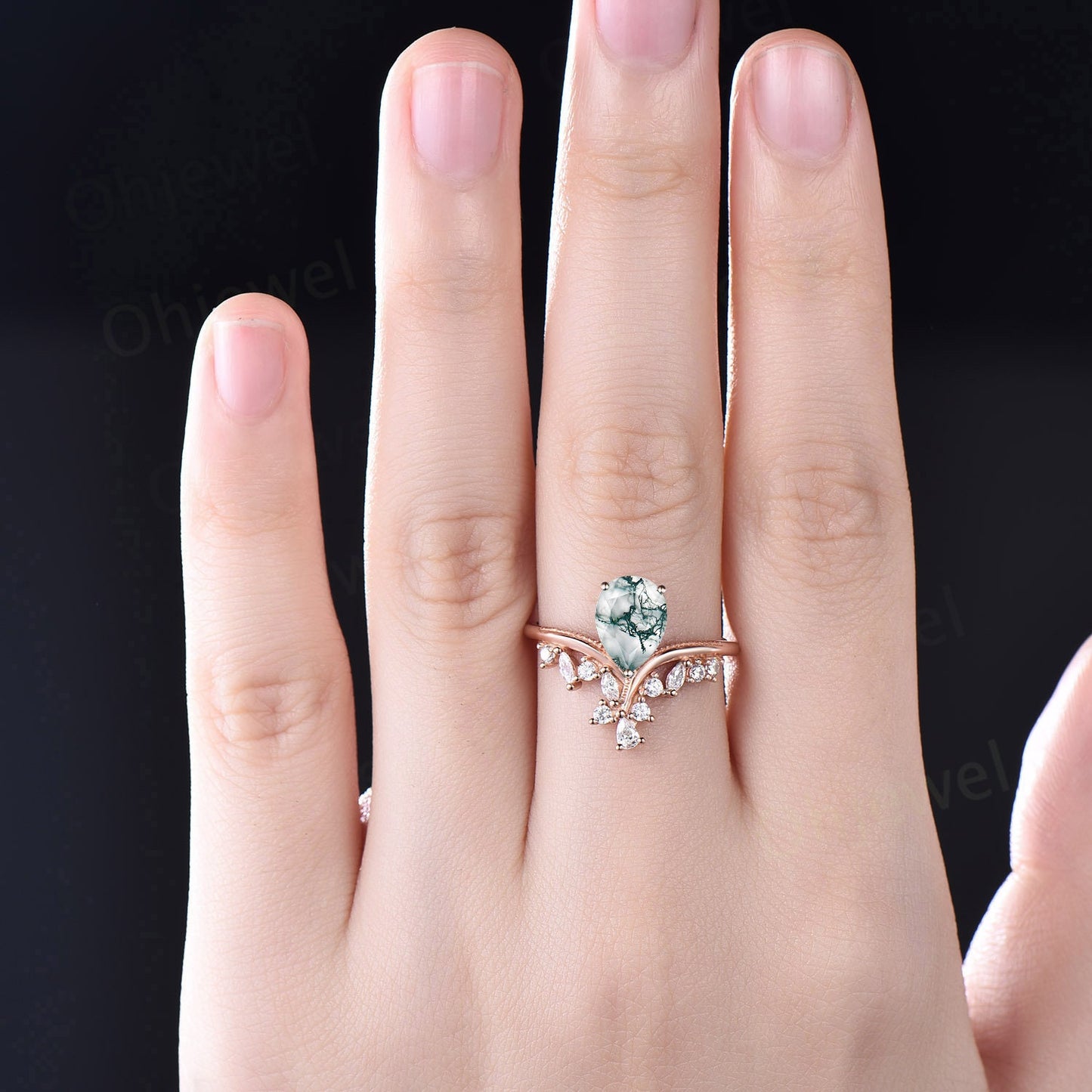 Moss agate ring vintage pear shaped moss agate engagement ring 14k rose gold silver art deco cluster diamond promise wedding ring women gift