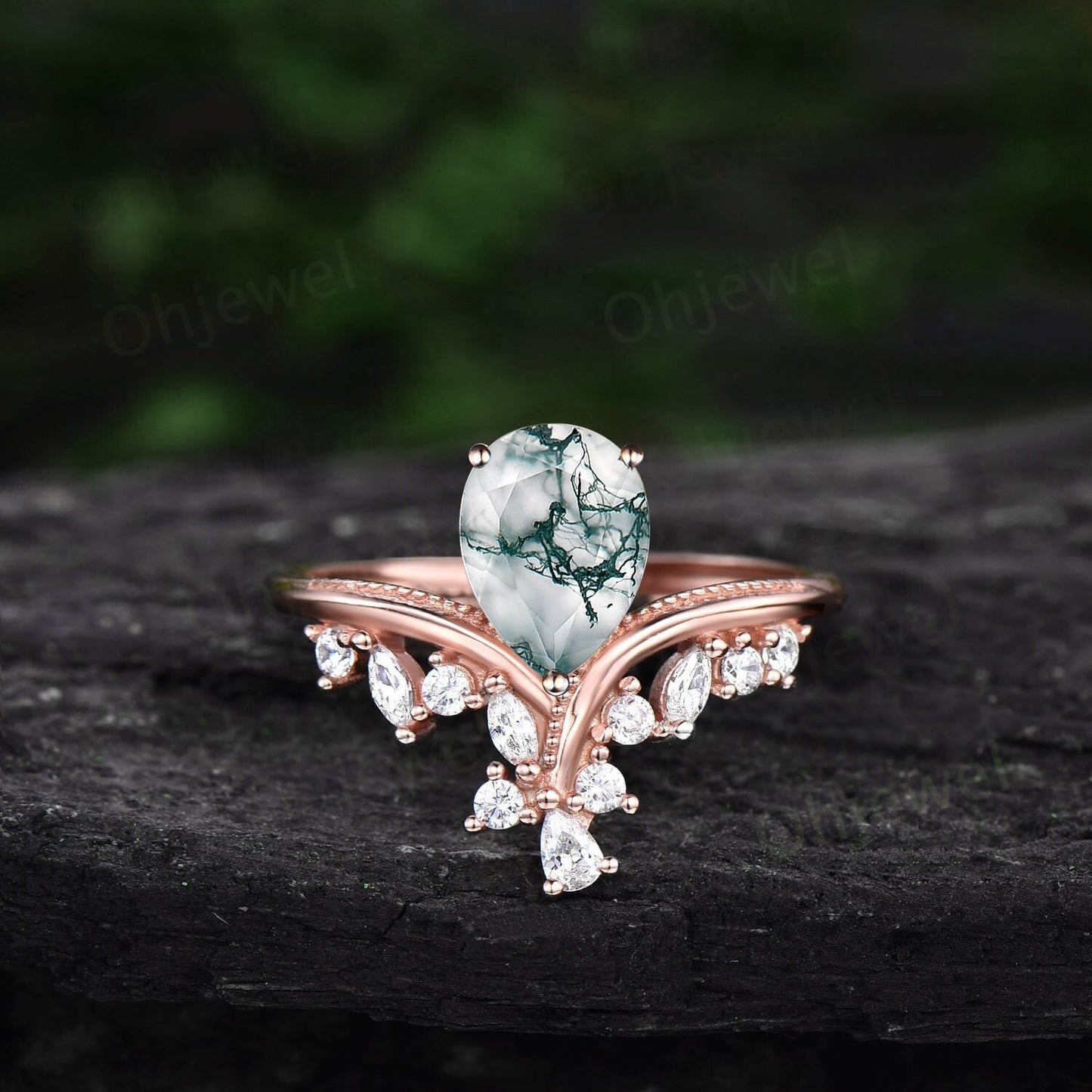 Moss agate ring vintage pear shaped moss agate engagement ring 14k rose gold silver art deco cluster diamond promise wedding ring women gift